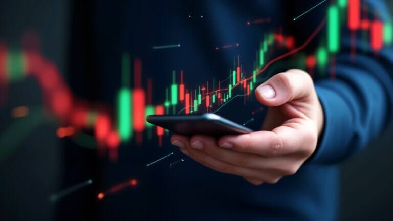 A person holding a smart phone in front of a stock market chart.