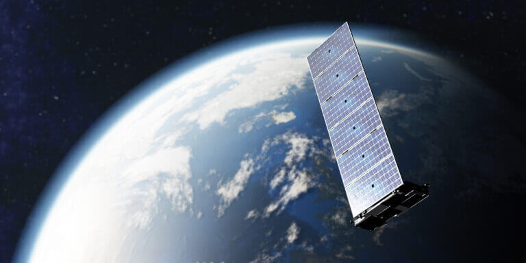 Internet starlink satellite in space near Earth.